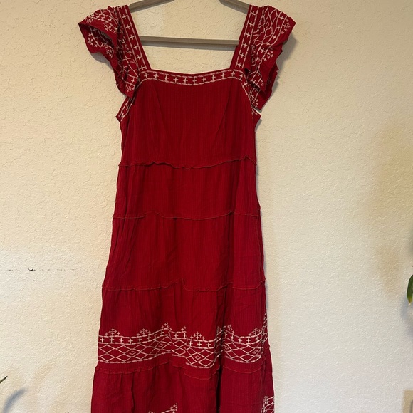 Red Embroidered Boho Midi Dress, Tiered Cotton Sundress, Cottagecore Dress - Picture 2 of 9